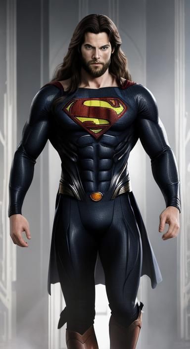 David Corenswet with a 2 day beard, and long hair,  wearing Black and Silver SuperMan suit.