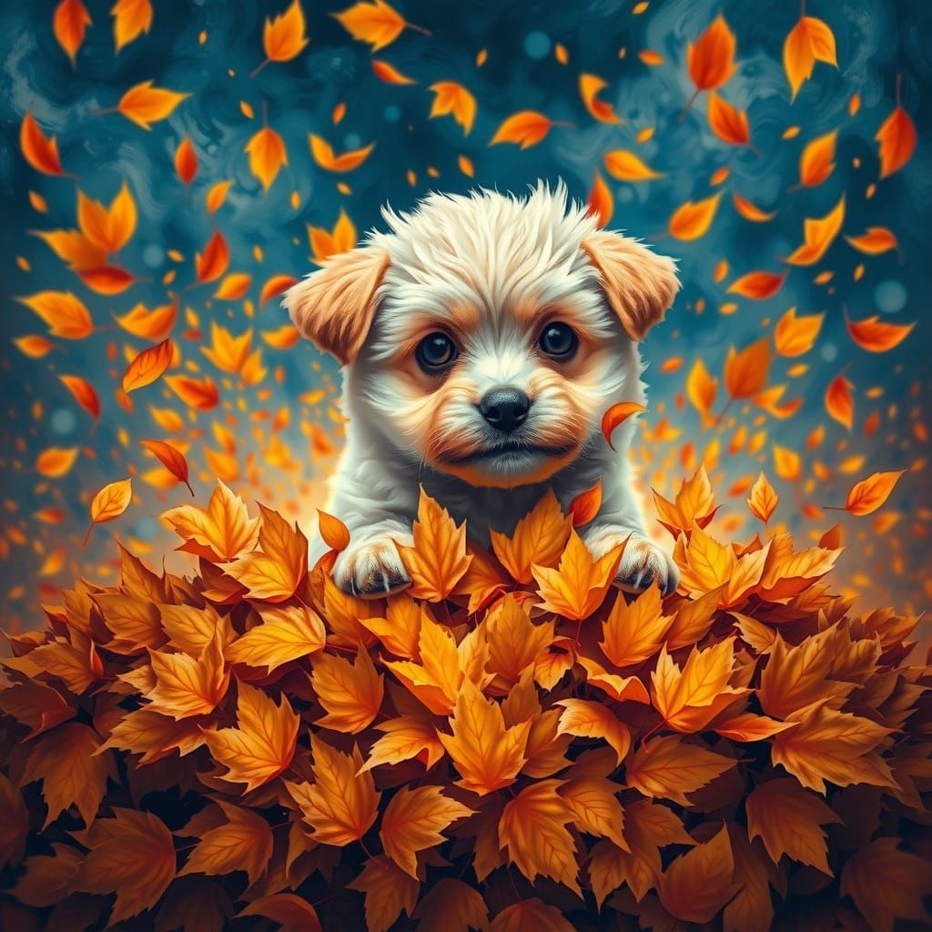 Fluffy Puppy Dissolving into Autumn Leaves