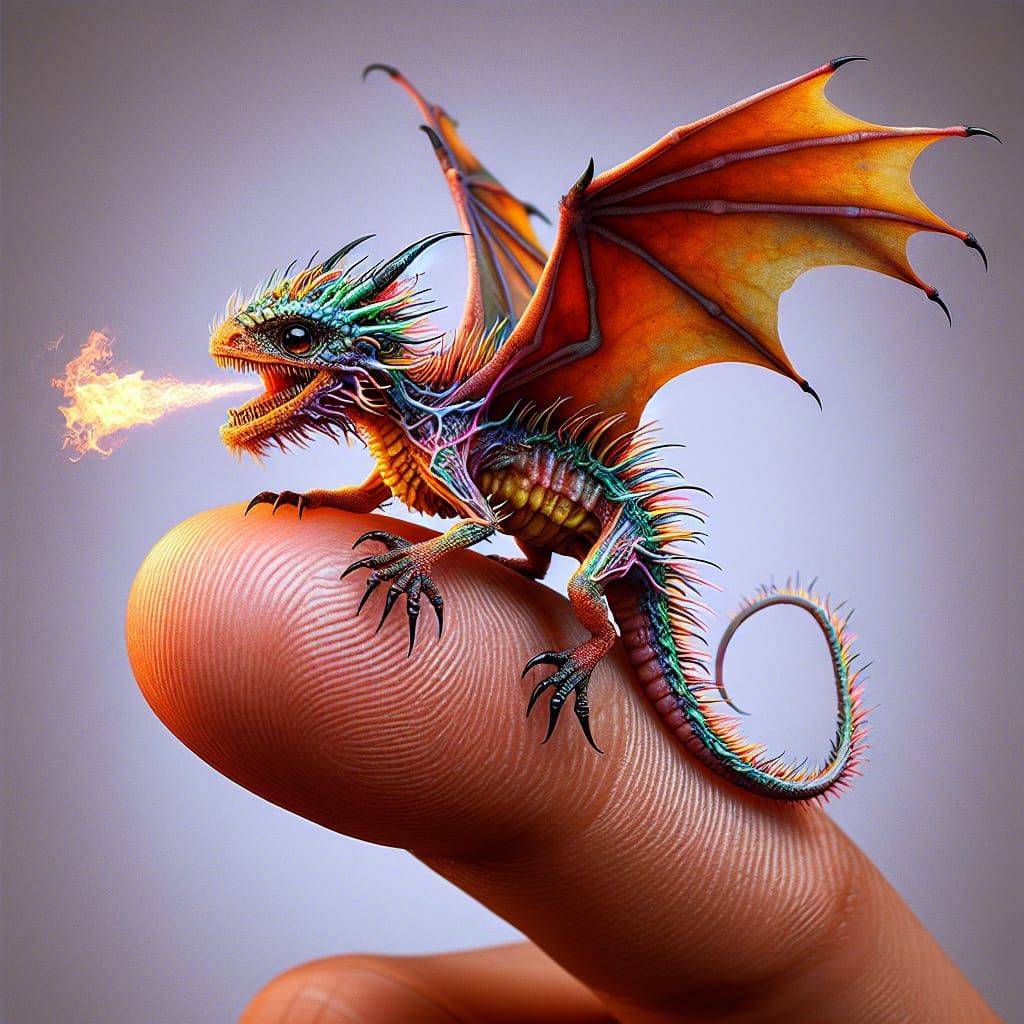Tiny Dragon Roaring on Human Finger, Hyperrealistic