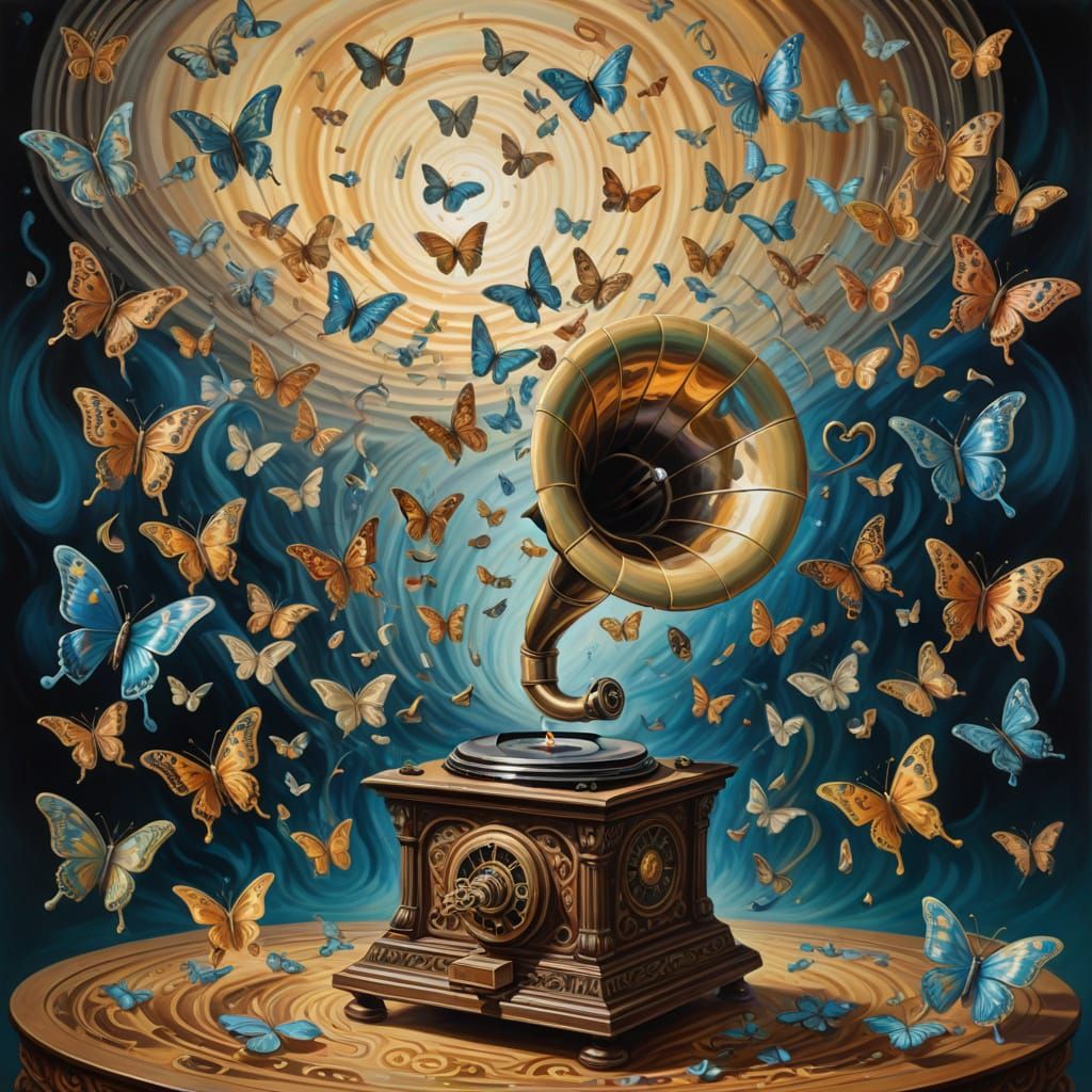 Surreal Gramophone Creates Butterfly Vortex Oil Painting