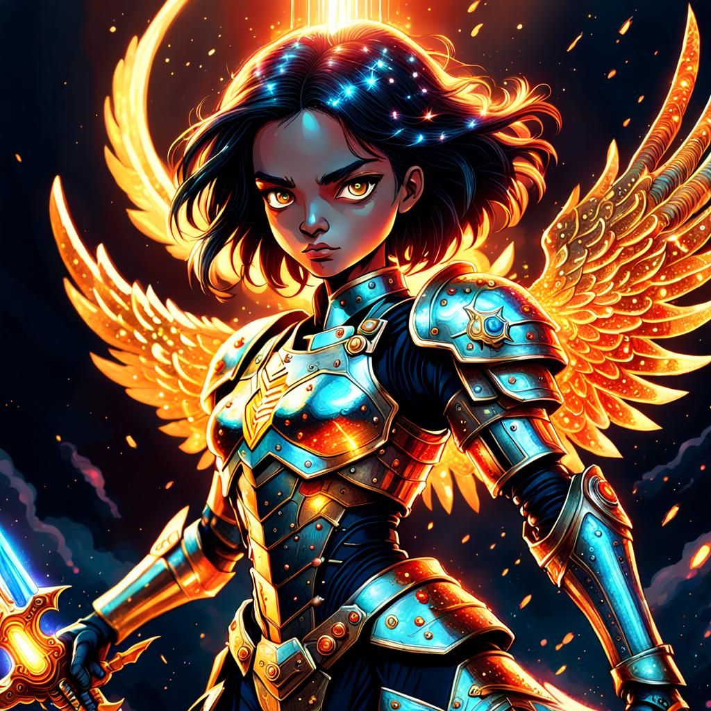 Armored Battle Angel with Fiery Sword, Cosmic Illustration