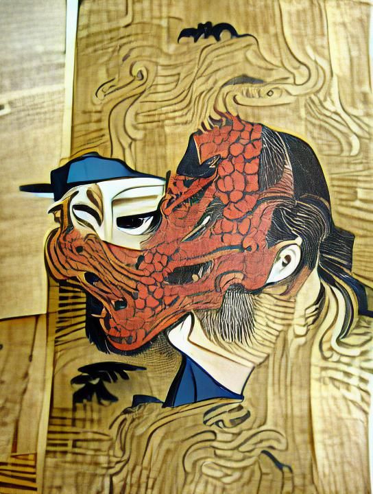 Dragon Mask Man in Ukiyo-e Woodcut Style
