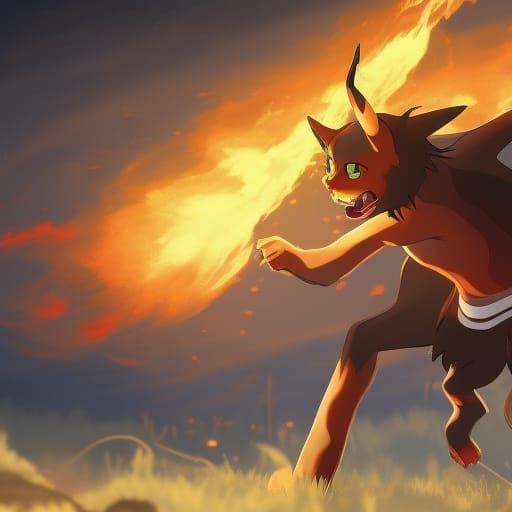 Fiery Lynx Pokémon in Studio Ghibli Anime Style