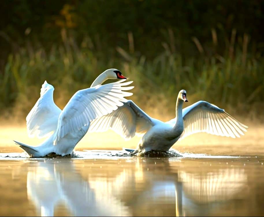 White Swans Rise from Lake Mist at Dawn