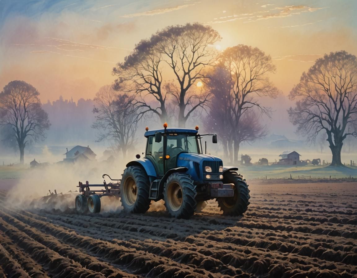 Surreal November Morning: Tractor in Dreamy Landscape