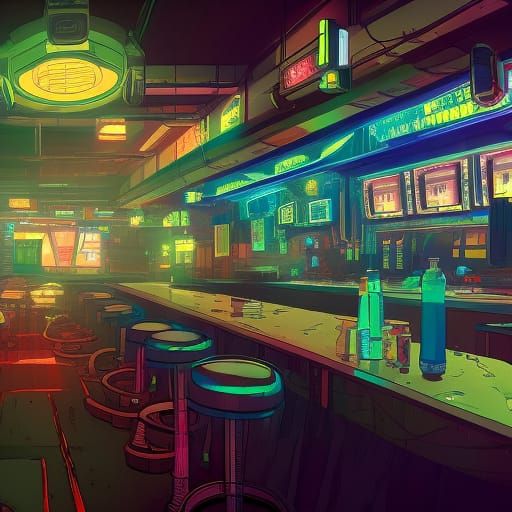 Cyberpunk Dive Bar Interior in Anime Style