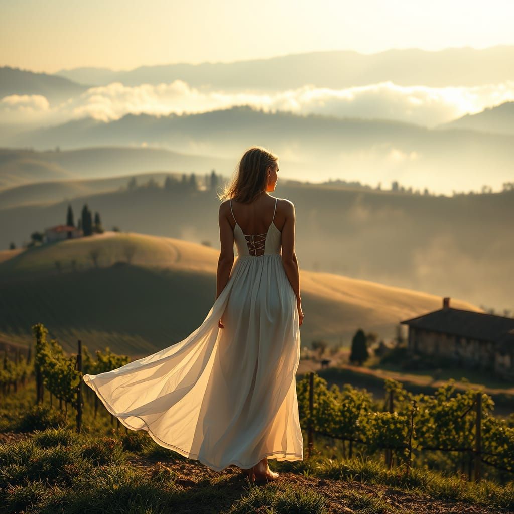 Serene Woman in Tuscany, Photorealistic Style