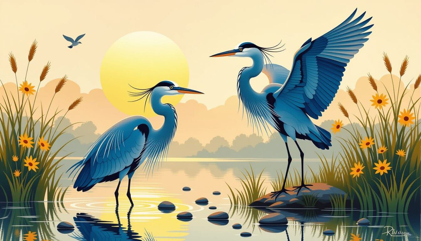 Blue Herons at Dusk: Whimsical Vintage-Style Painting