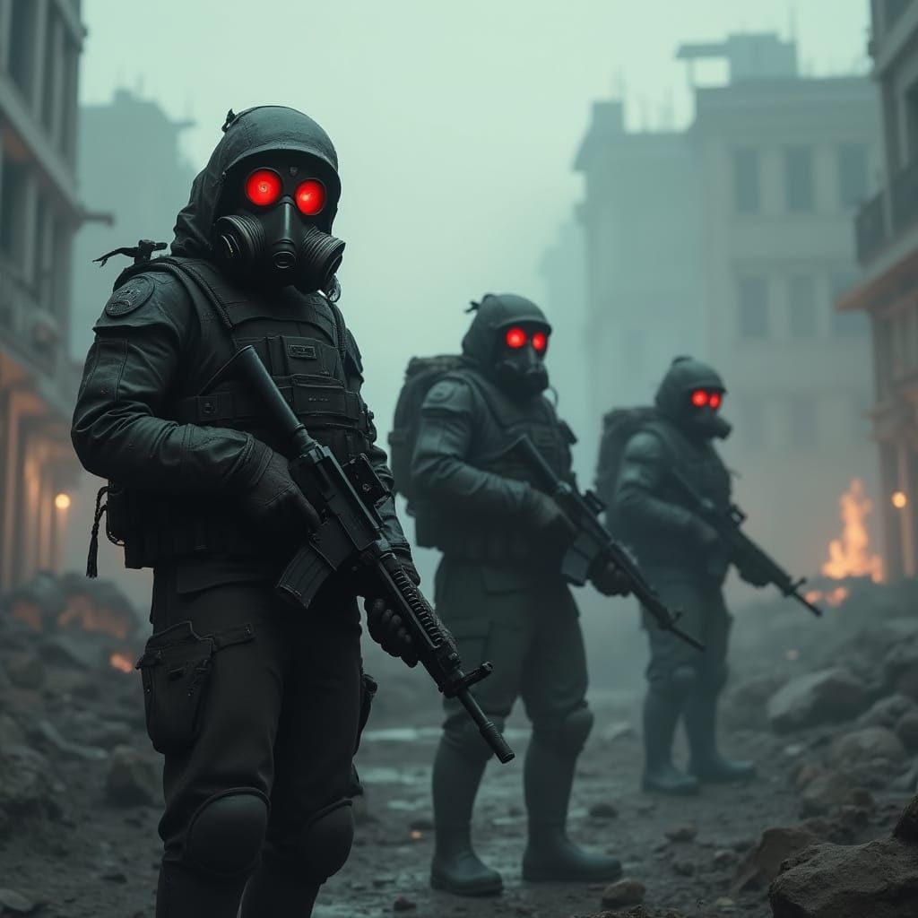 Futuristic Soldiers in a Foggy Dystopian Cityscape