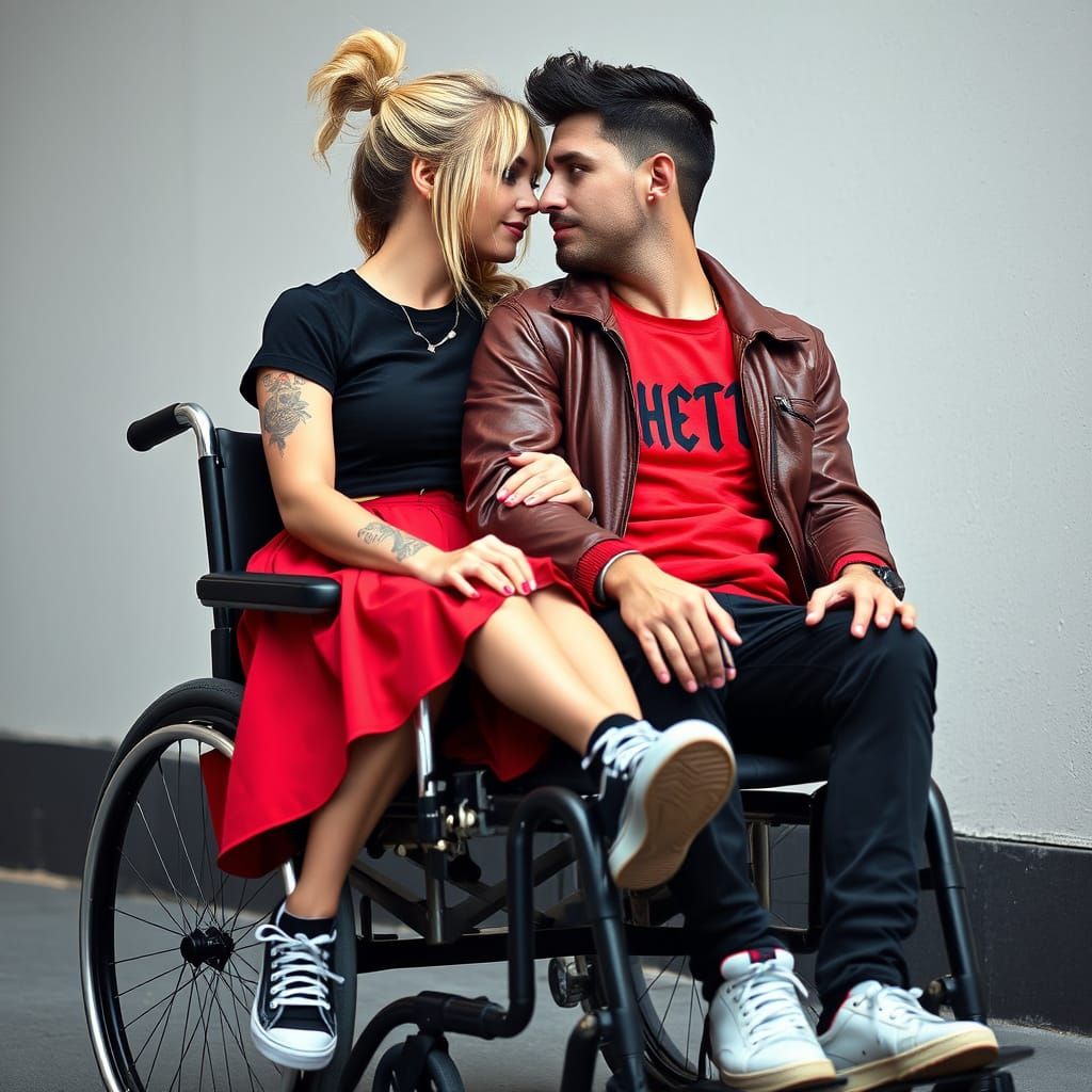 Love in the City: Intimate Couple in Hand-Pushed Wheelchair