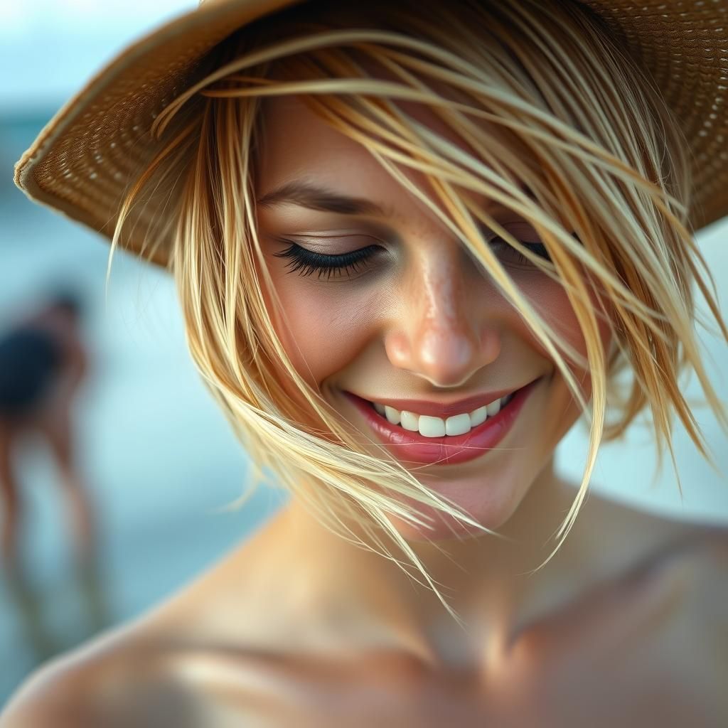 Smiling Woman Shaking Her Hair at the Beach