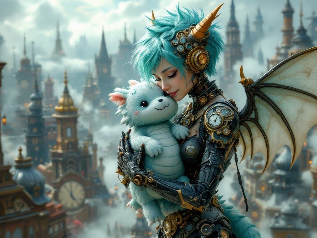 Steampunk Android with Dragon Plushie in Victorian City