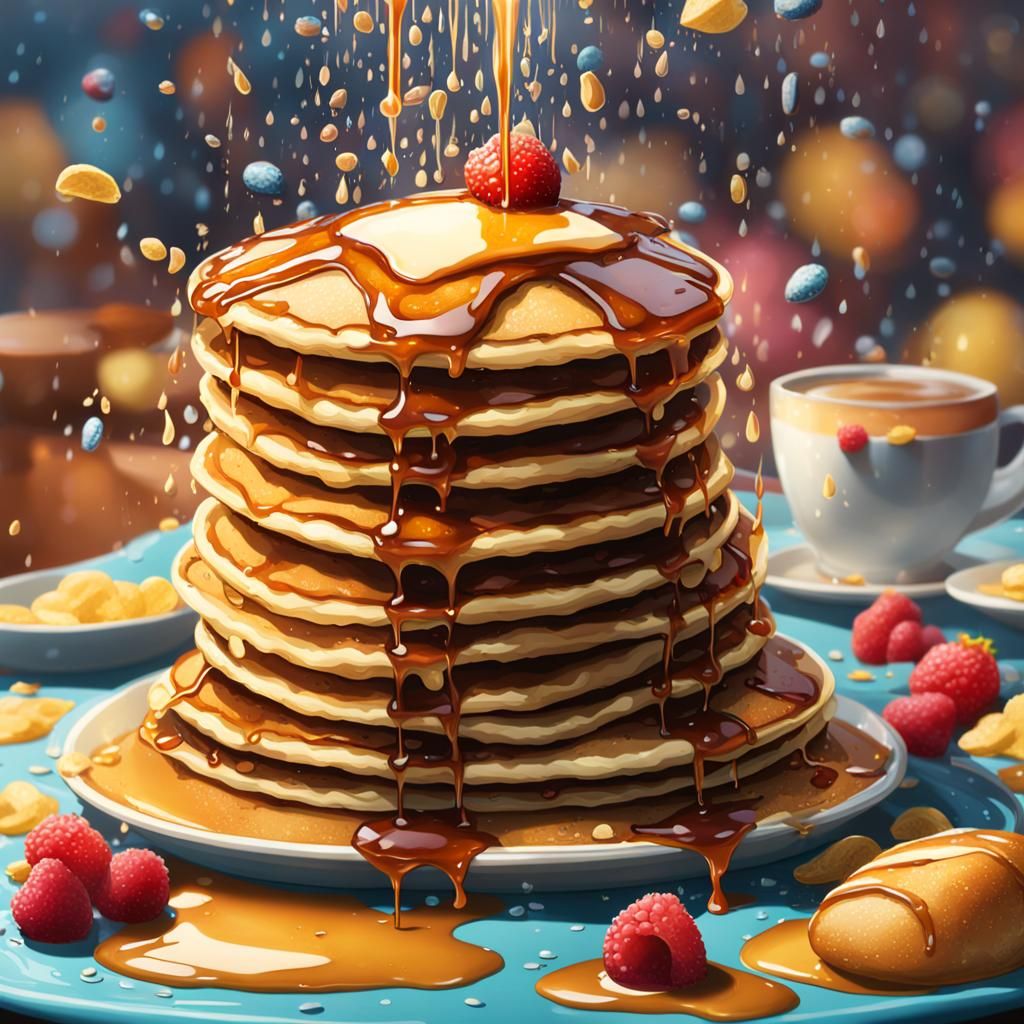 Raining Pancakes: A Hyperrealistic Splash Art Scene