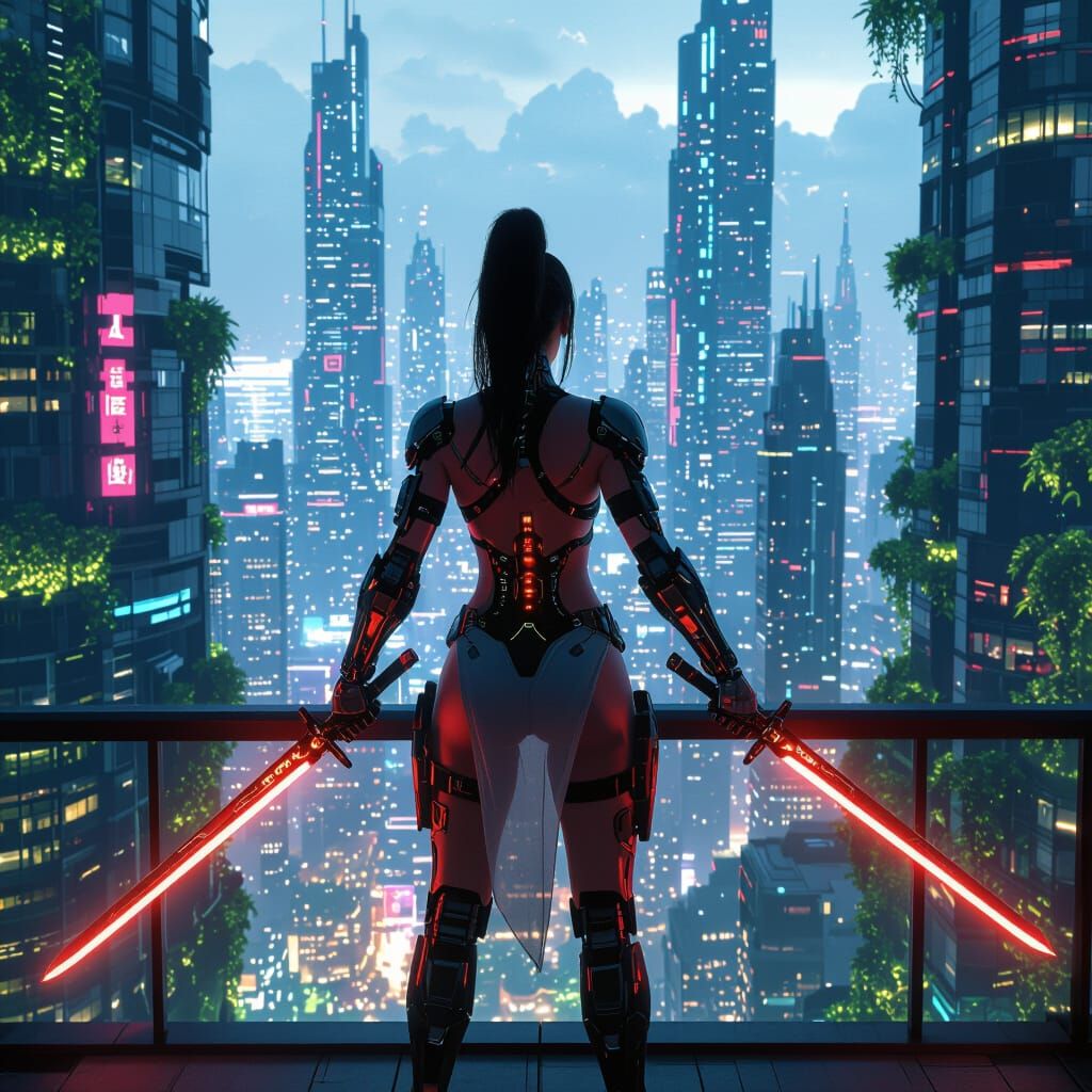 Cyberpunk Solarpunk Warrior with Glowing Swords