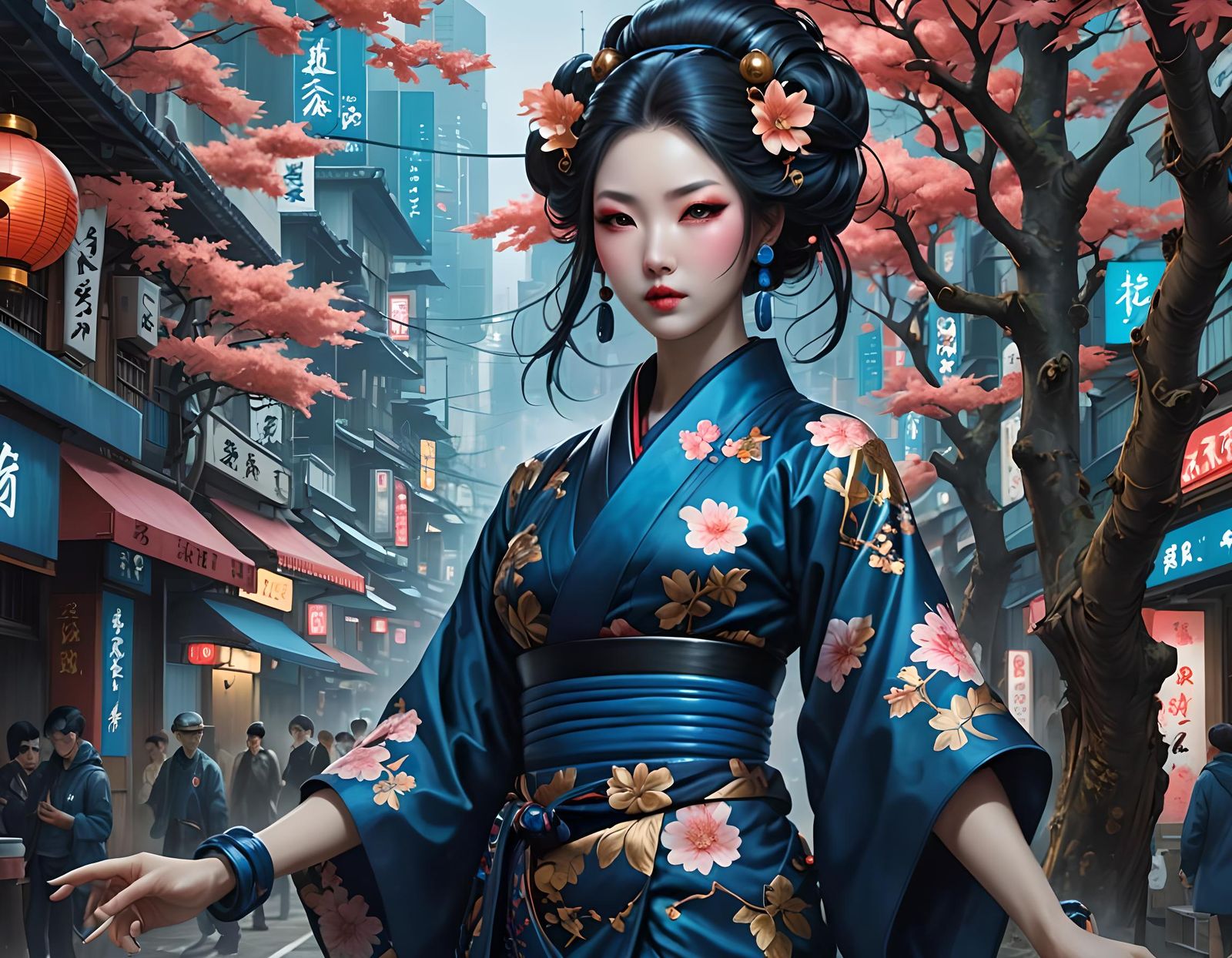 Cyberpunk Geisha in Luminous Kyoto Street