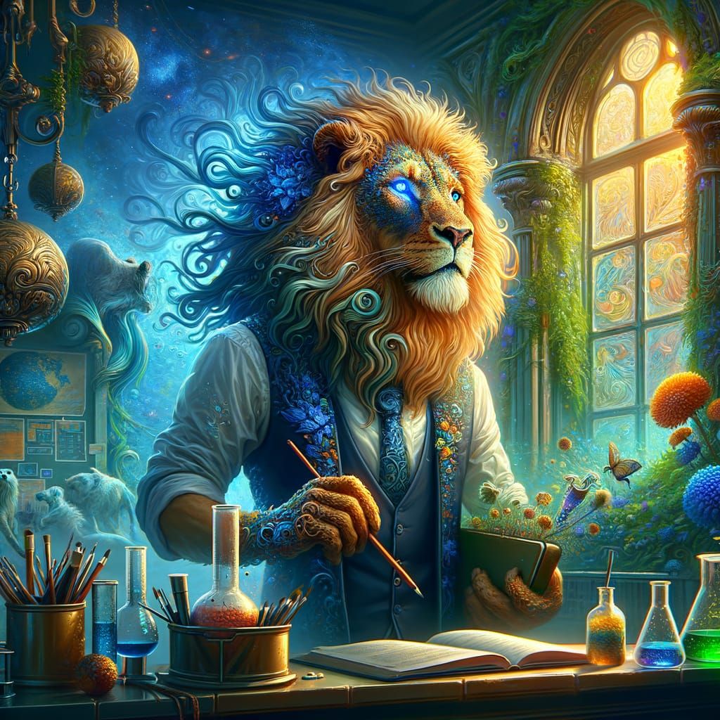 Whimsical Lion Professor in Fantastical School