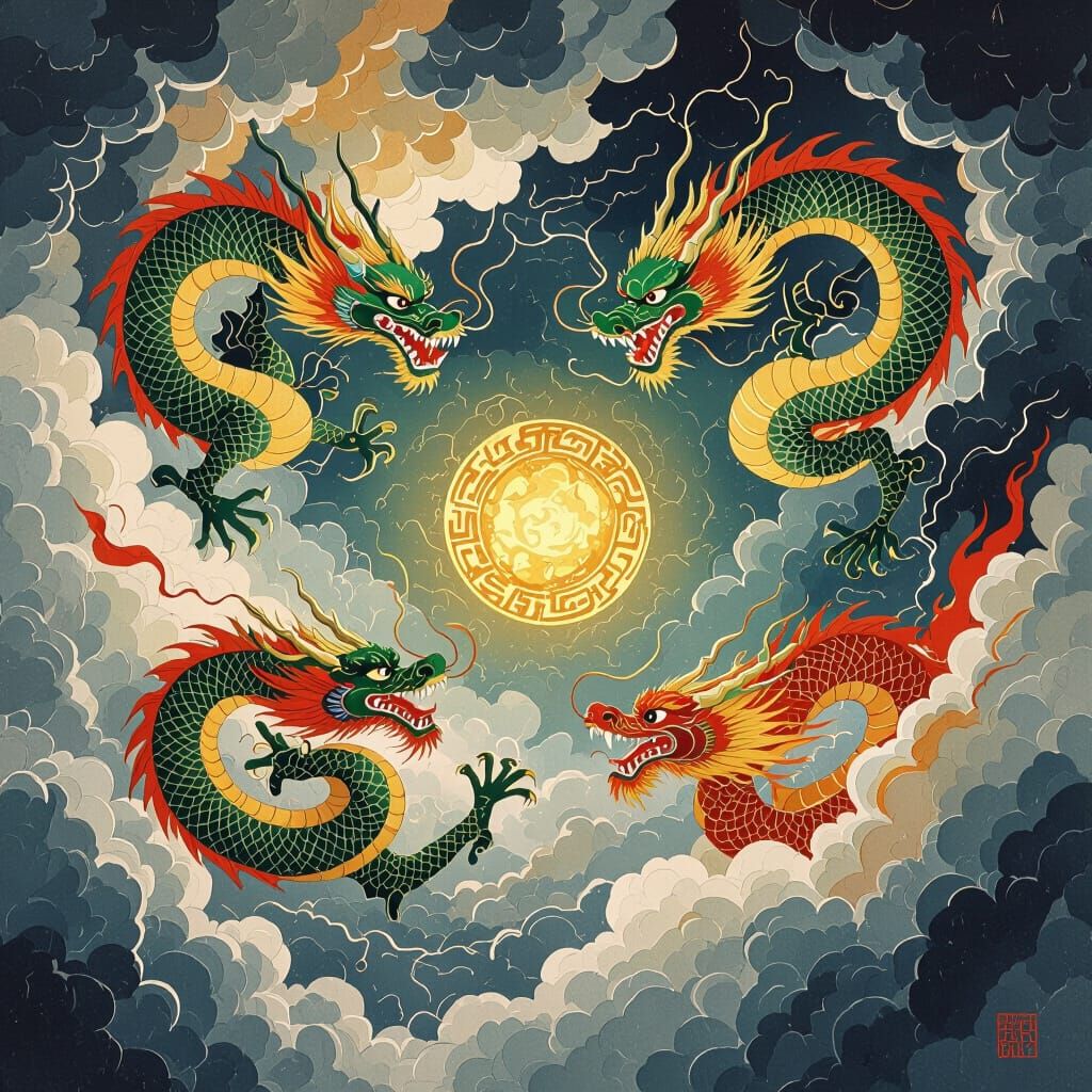 Chinese Dragons Soaring in Stormy Sky, Qi Baishi Style