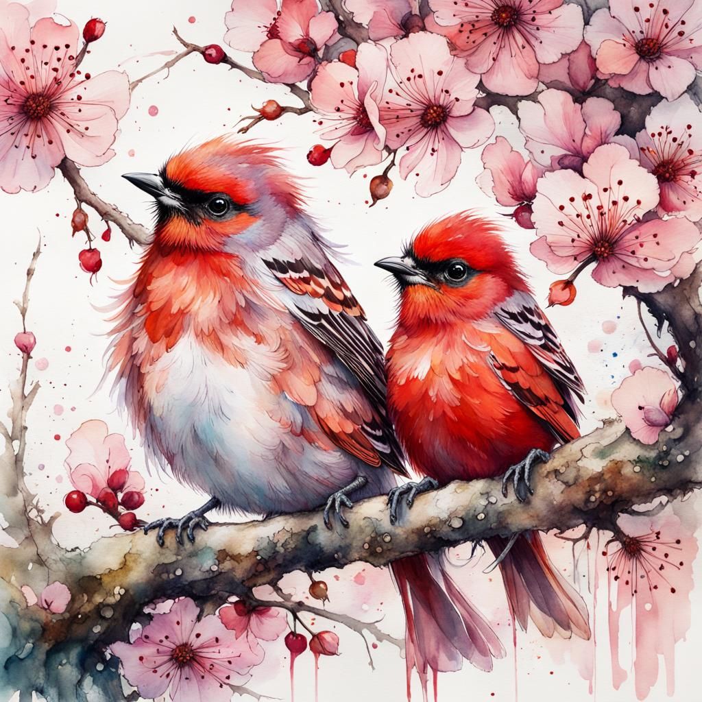 Red Warblers in Cherry Blossoms: Ink and Watercolor