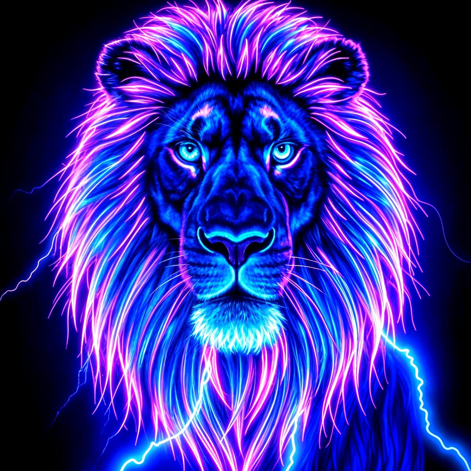 Neon Lion Portrait in Synthwave Retro Style