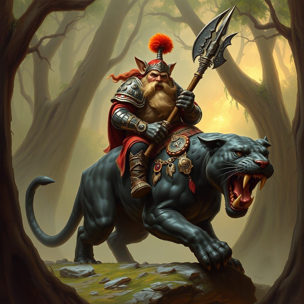 Fantasy Warrior Rides Panther Through Enchanted Forest