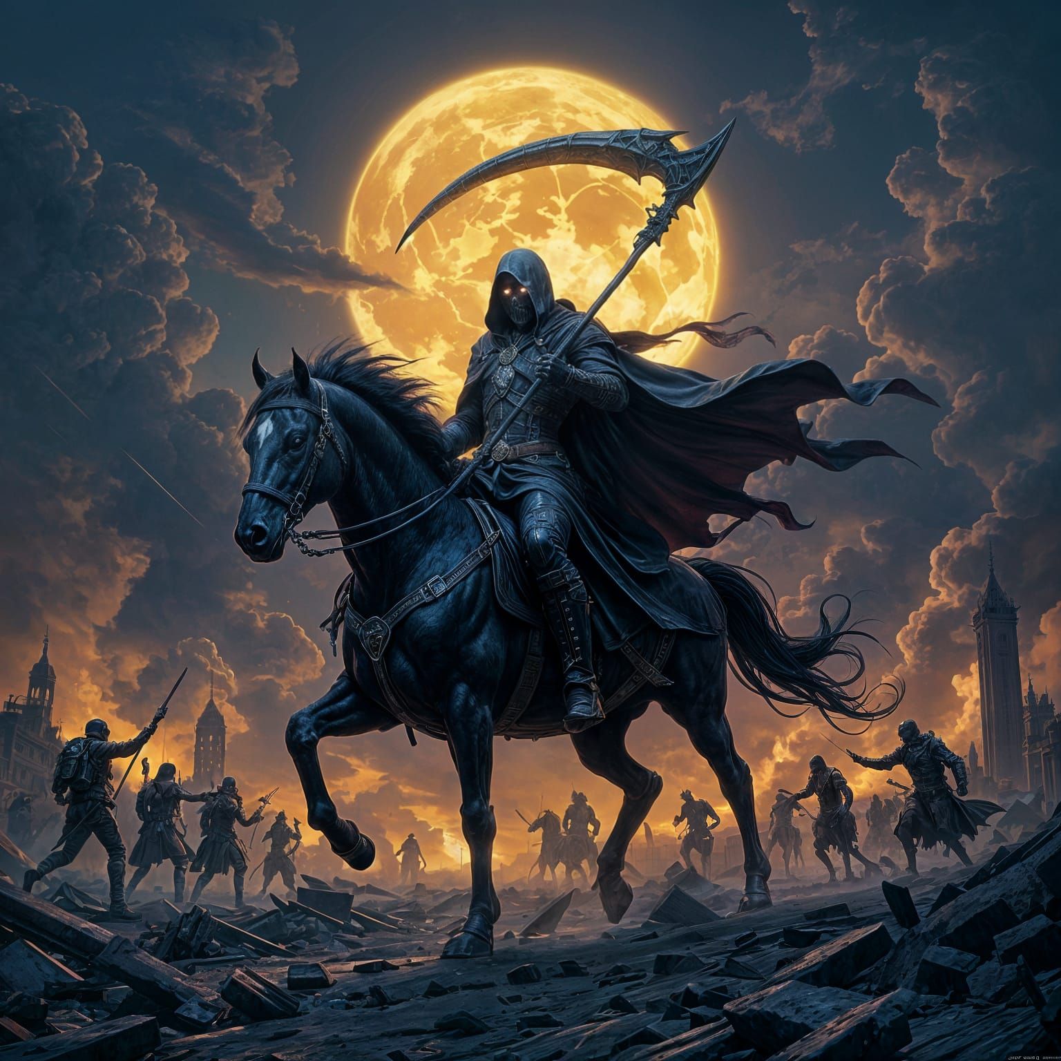 Grim Reaper Horseman of Apocalypse in Destroyed World