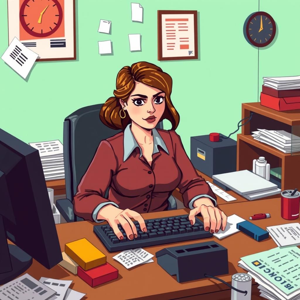 Pixelated Woman in 8-Bit Cubist Office
