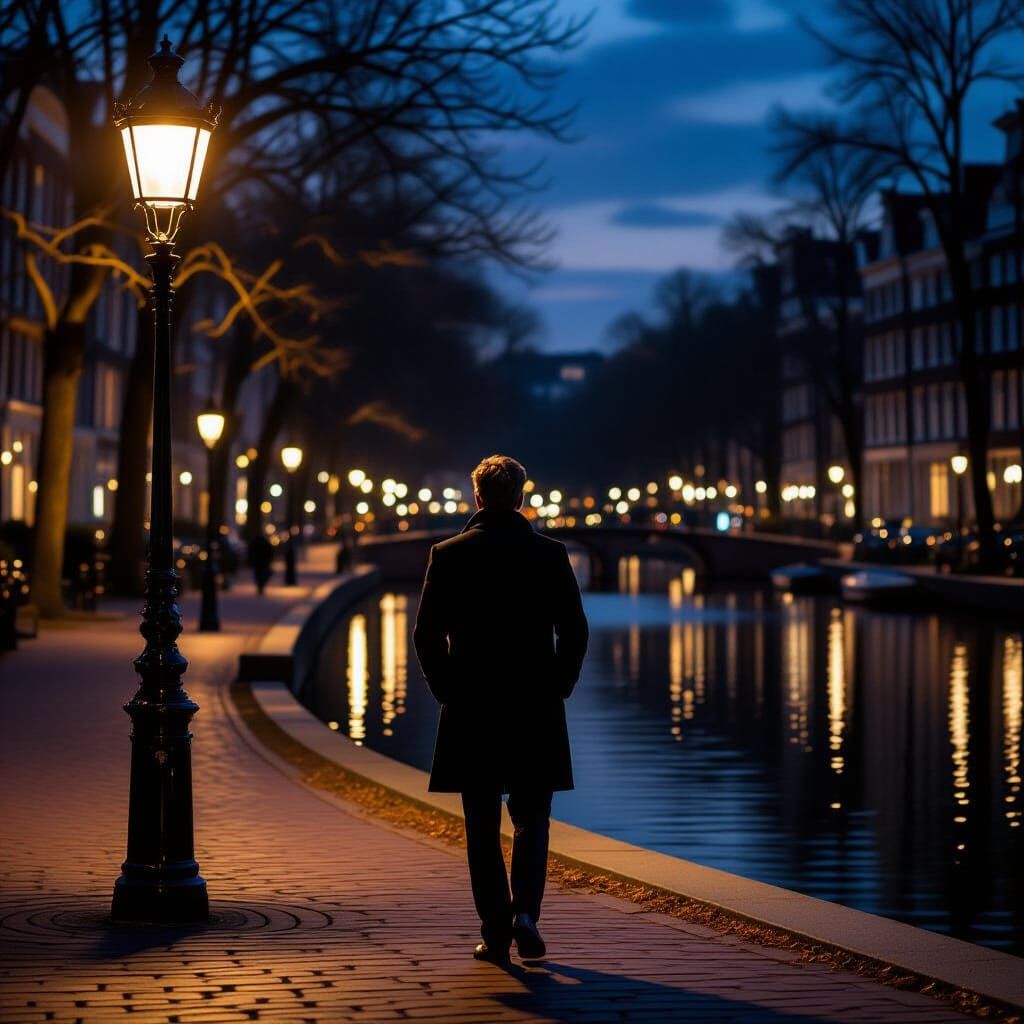 Enigmatic Man in Moonlit Park, Cinematic Style