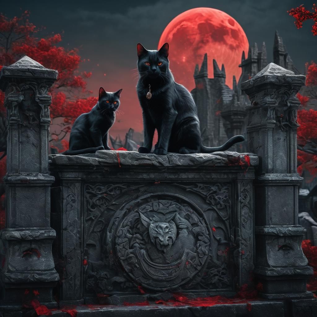 Graveyard Scene with Cats and Red Moon