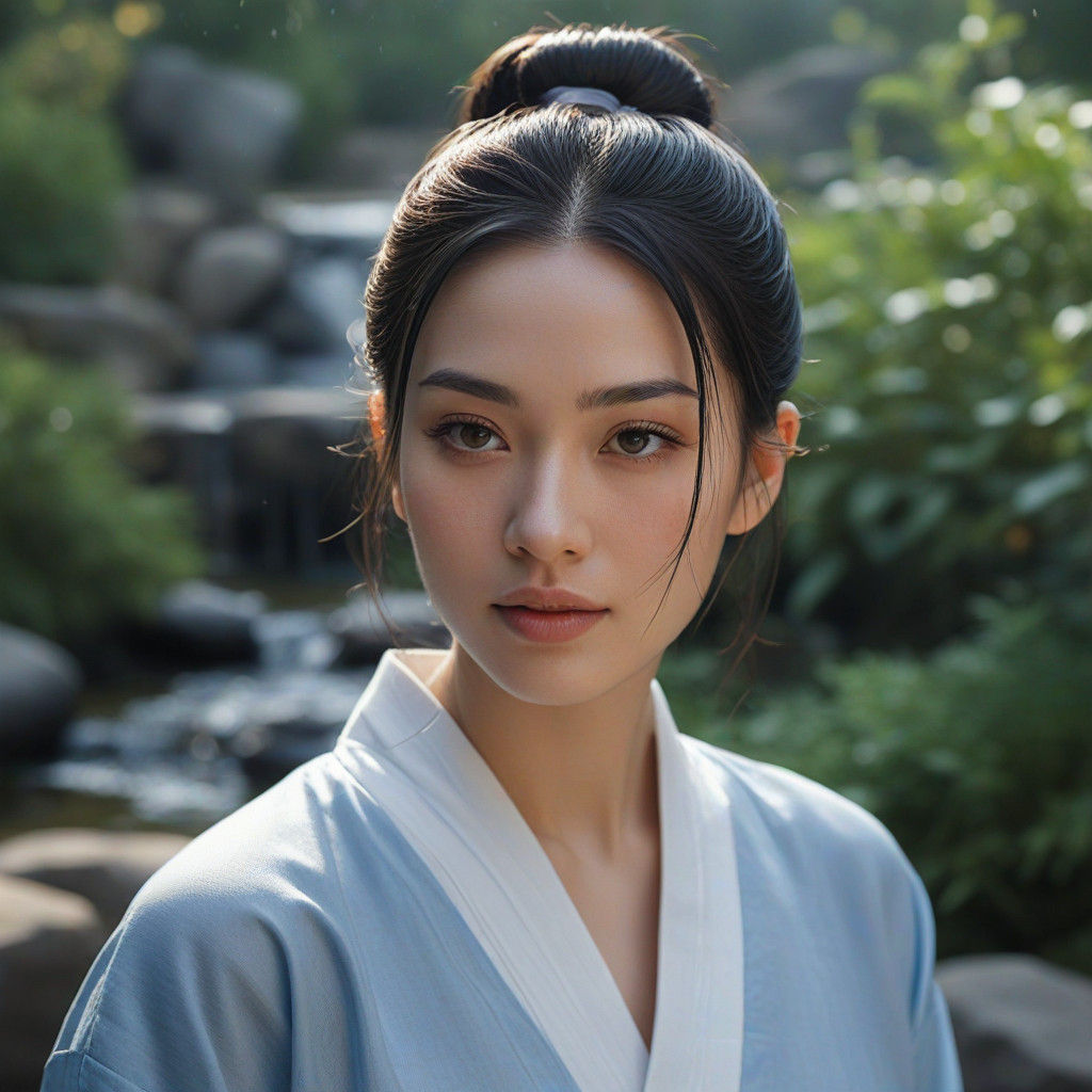 Serene Asian Woman Performs Morning Misogi Ritual in a Zen G...