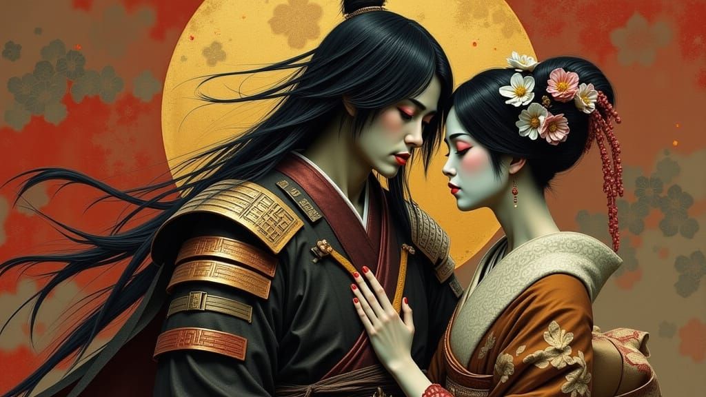 Ancient Japan Samurai and Geisha in Intimate Conversation