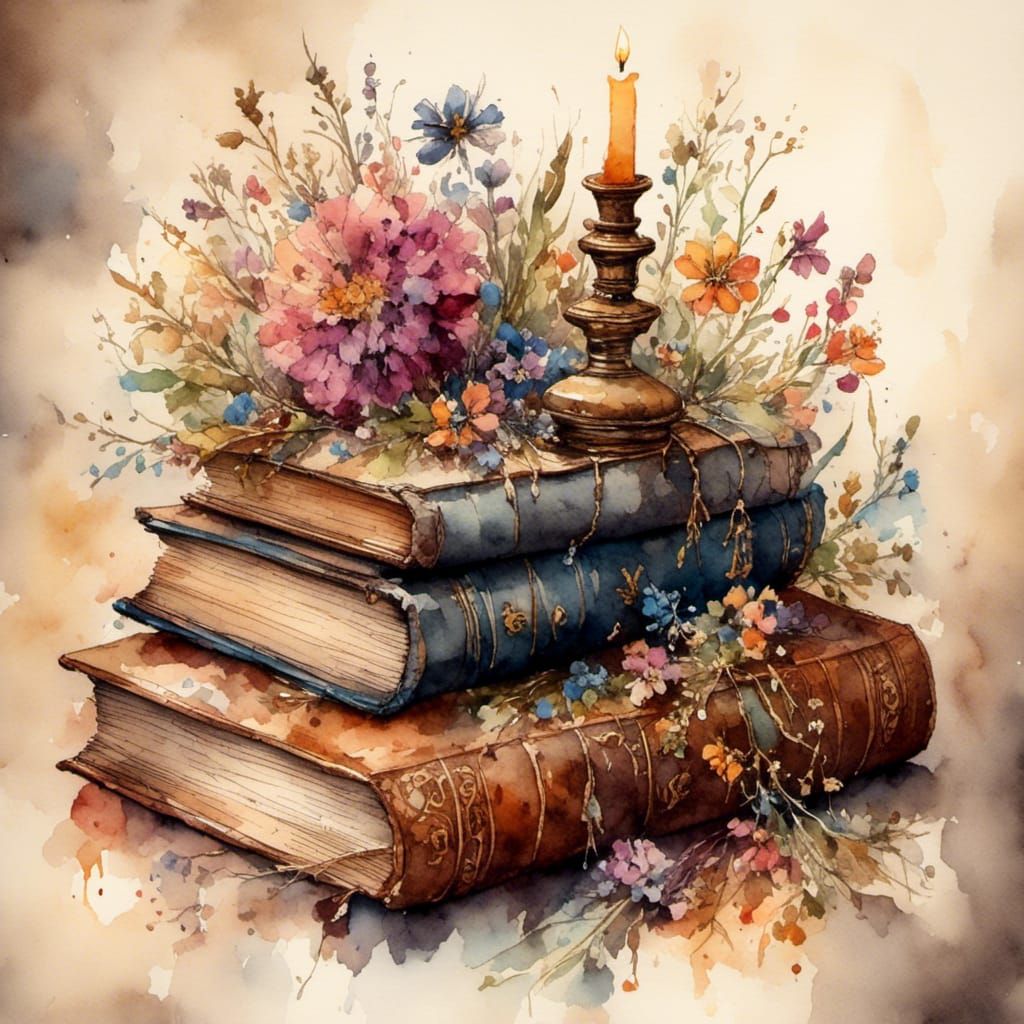 Antique Books with Watercolor and Vintage Elements