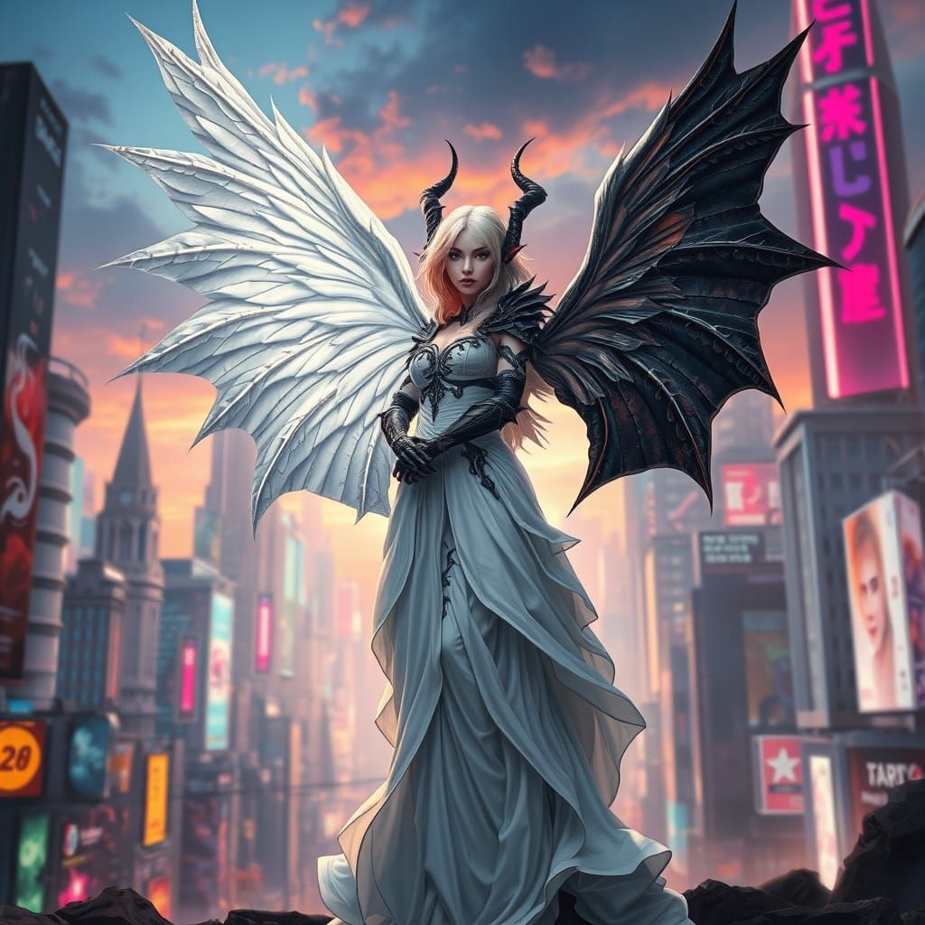 A full-body depiction of a female angel-demon hybrid standin...