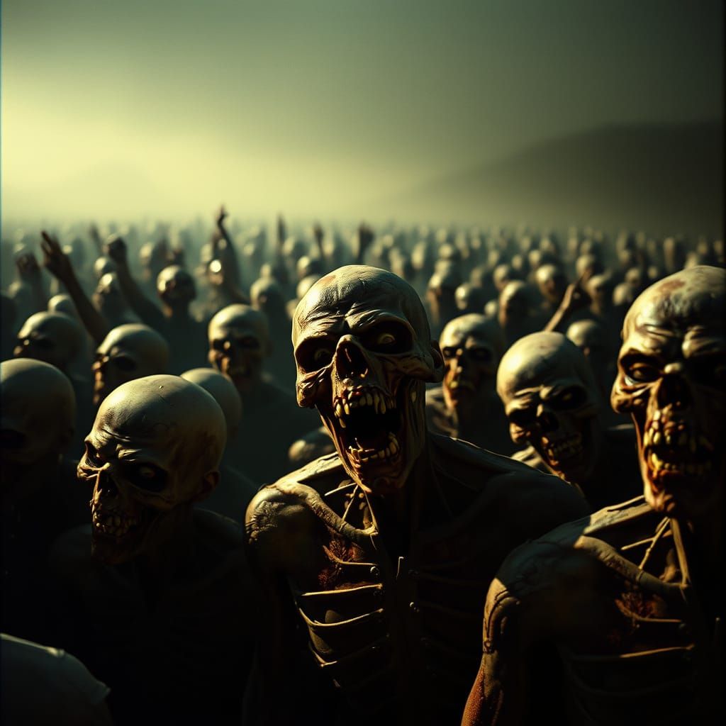 Grotesque Undead Horde in Desolate Post-Apocalyptic Landscap...
