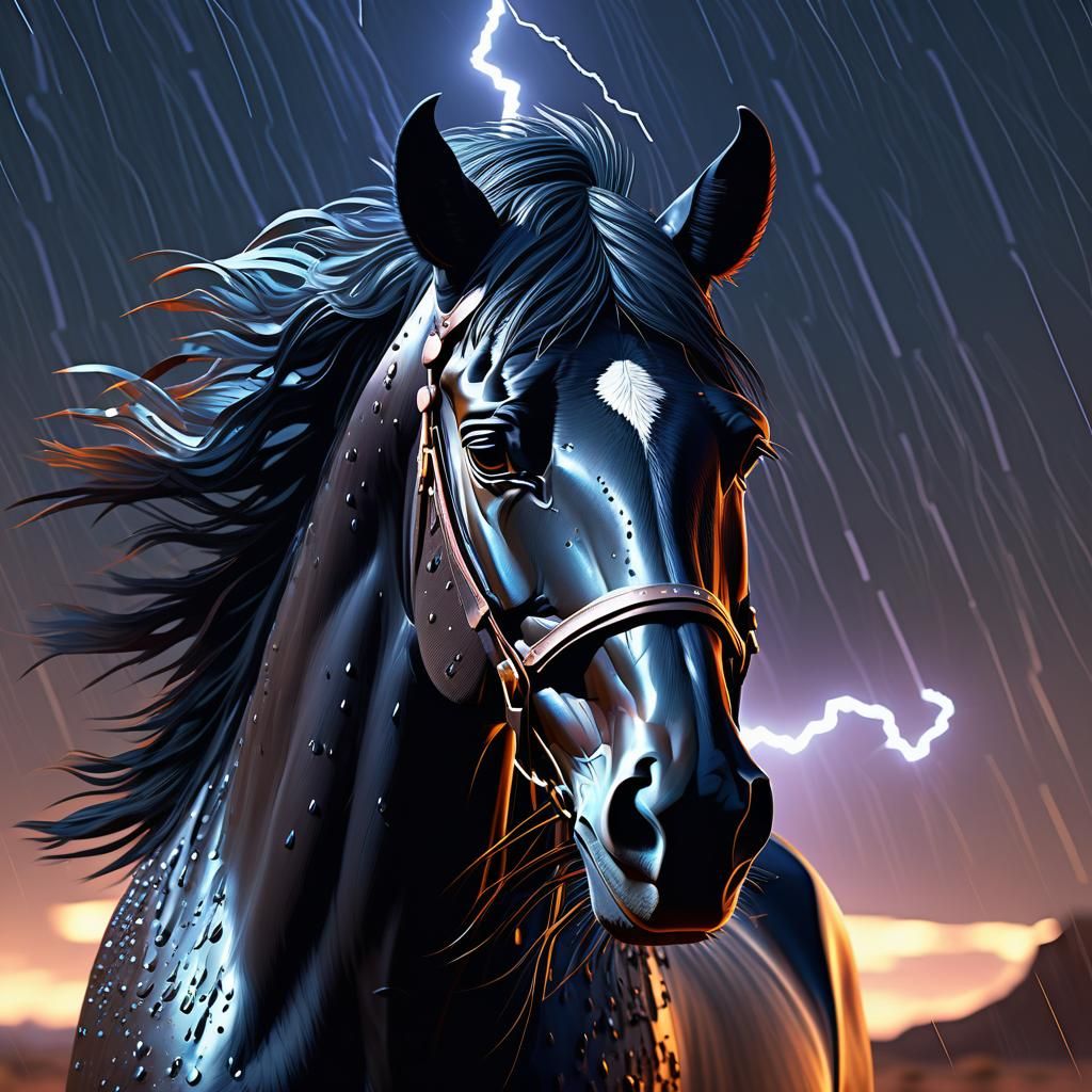 Black Stallion in Desert Rain: Hyperdetailed Digital Art