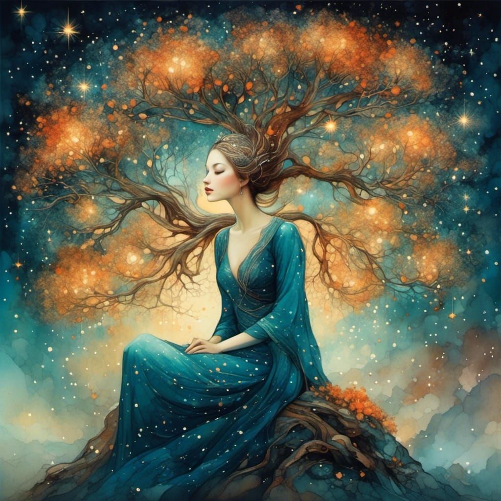 Woman Under Starry Night, Hyperdetailed Digital Art