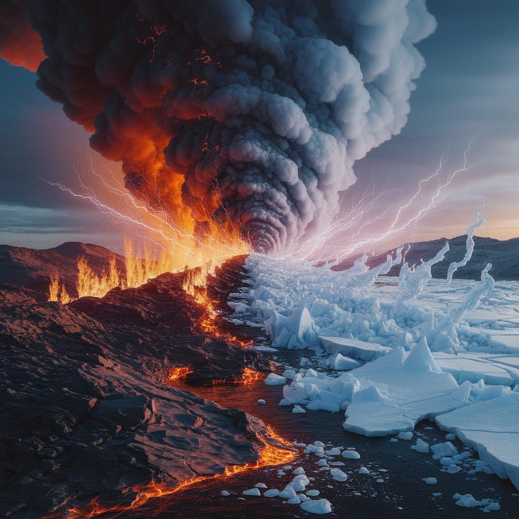 Inferno and Glacier Clash: A Gouache Landscape