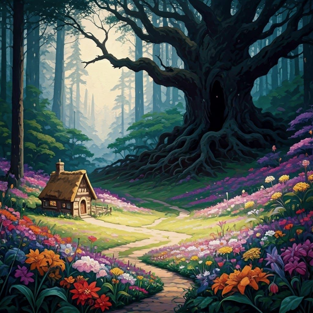 Faerie Landscape with Talking Flowers as Gouache Painting