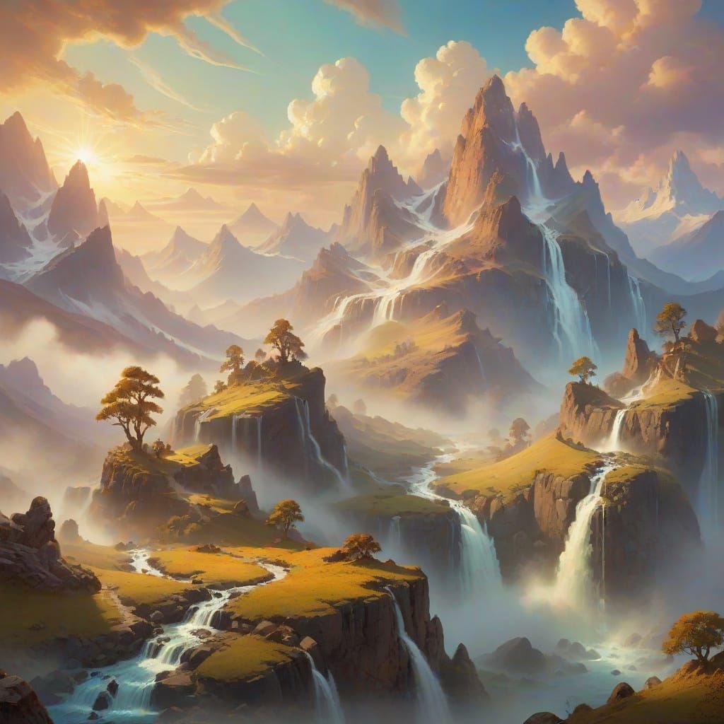 Fantasy Landscape in Frazetta Style with Waterfalls