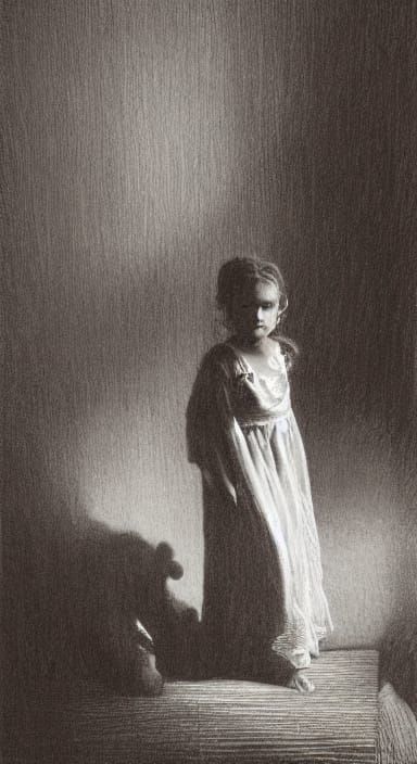 Little Girl Hugs Teddy Bear, Staring Into Haunted Mirror