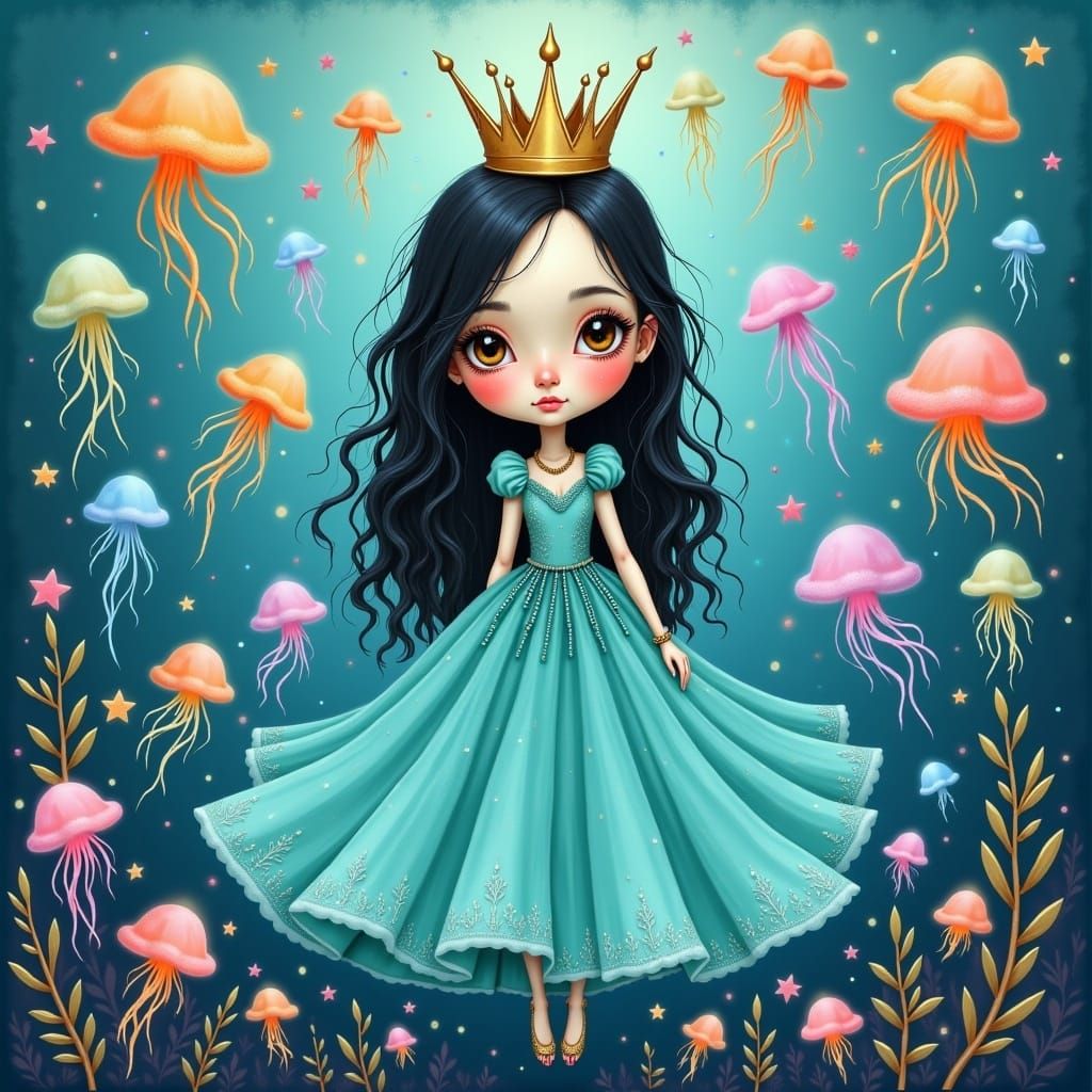 Girl Among Jellyfish in Whimsical Fairytale Scene