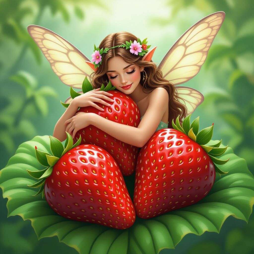 Fairy Hugging Strawberries in Digital Oil Painting