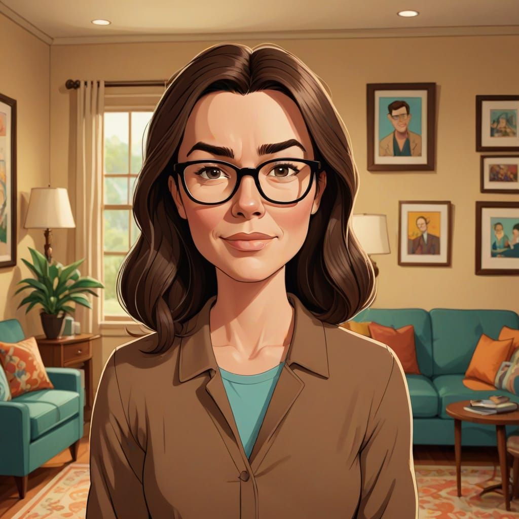 Meg Griffin The image is a 2d cartoon illustration of a young woman standing in a living room. She is wearing a pink woo...