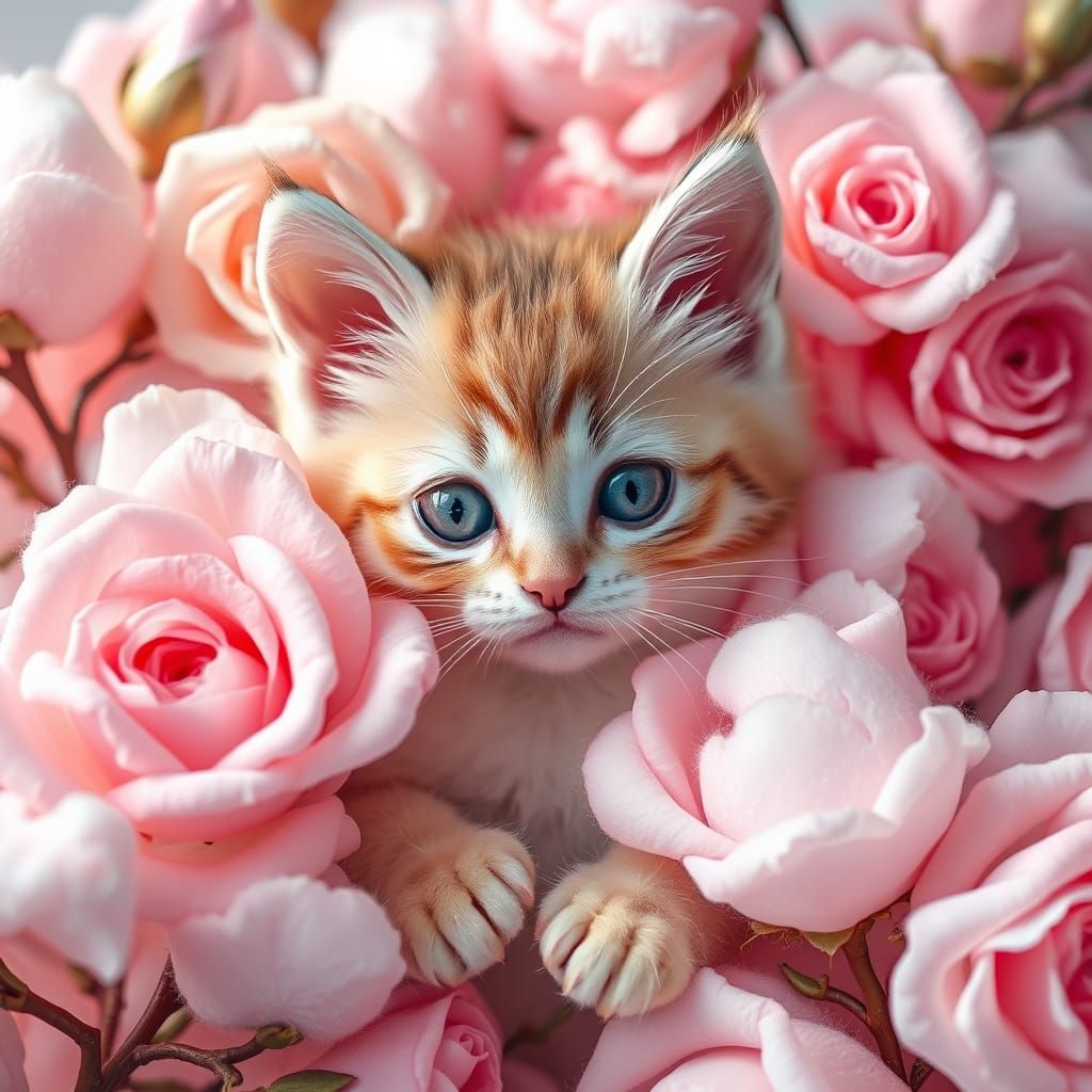 Pastel Whimsy: Kitten Amidst Roses and Cotton Candy