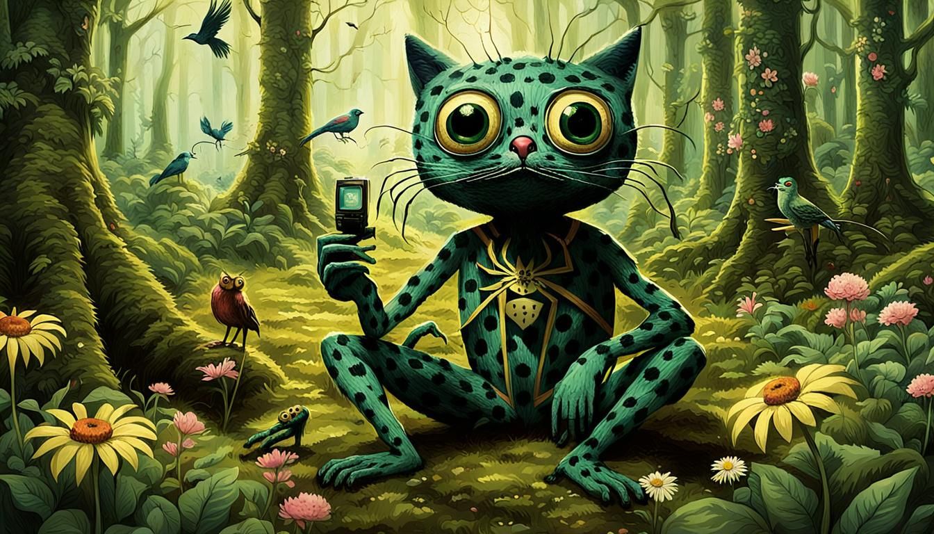 Whimsical Spider-Cat Creature in Lush Forest