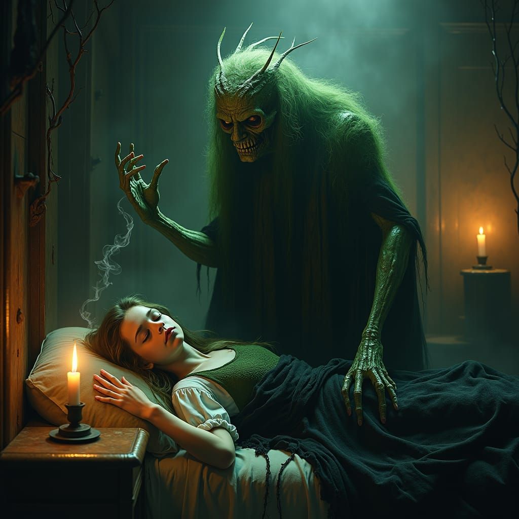Green Hag Over Sleeping Girl in Gothic Realism