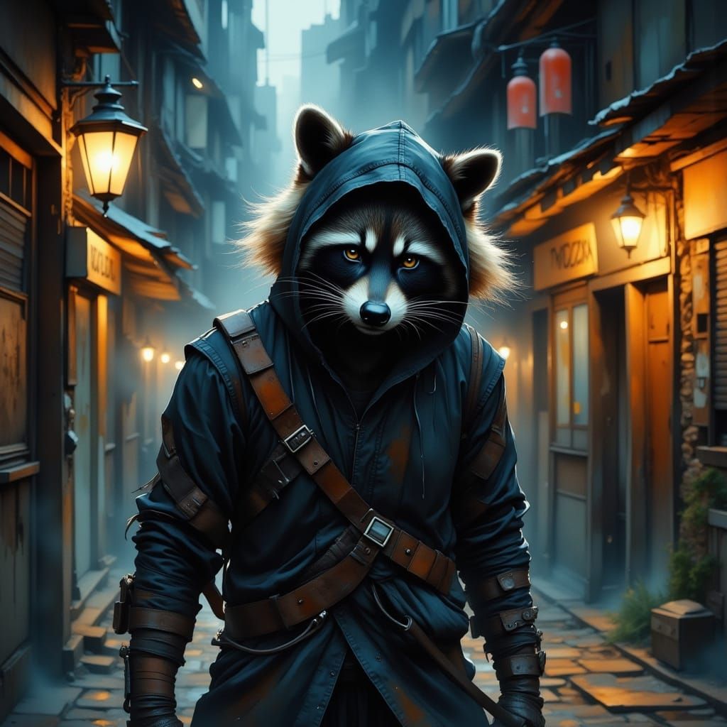 Raccoon Ninja in Cyberpunk Alleyway