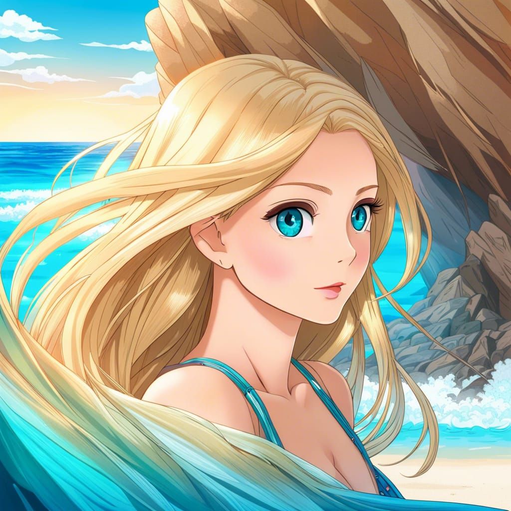 Anime Woman with Blonde Hair on Beach