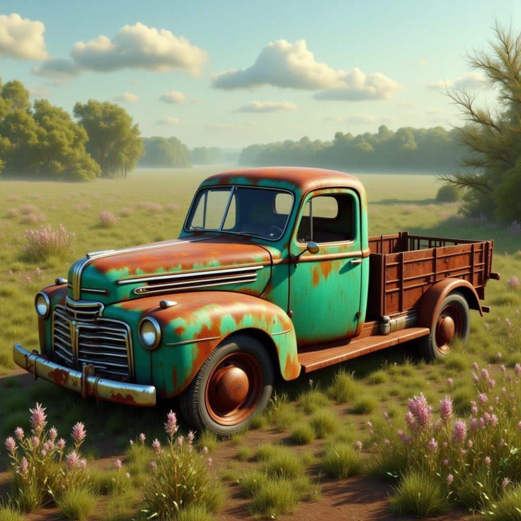 Abandoned 1940s Ford Pickup in Overgrown Field