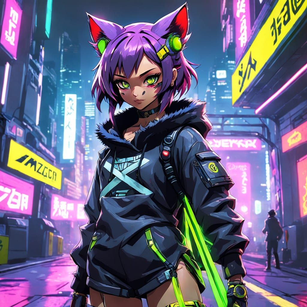 Purple Catgirl in Cyberpunk Style