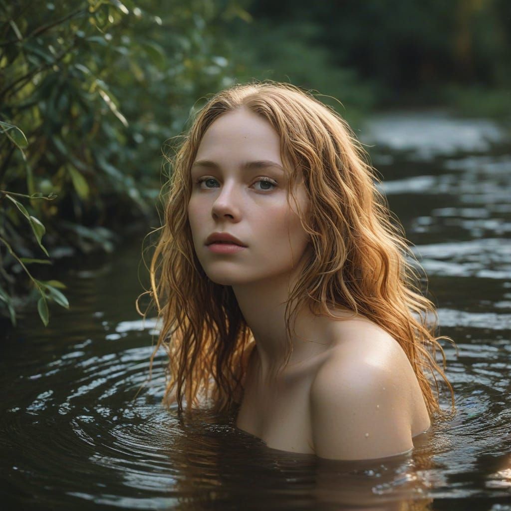 Serene Woman in River Landscape with Hot Spring